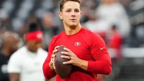 Quarterback Brock Purdy #13 of the San Francisco 49ers warms up before a preseason game against the Las Vegas Raiders at Allegiant Stadium on August 23, 2024 in Las Vegas, Nevada.
