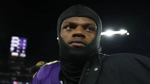 Lamar Jackson #8 of the Baltimore Ravens reacts after a 17-10 defeat against the Kansas City Chiefs in the AFC Championship Game at M&T Bank Stadium on January 28, 2024 in Baltimore, Maryland. 
