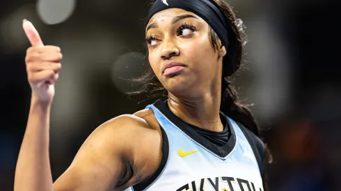 Angel Reese #5 of the Chicago Sky celebrates her team taking a big lead in the fourth quarter against the Los Angeles Sparks at Wintrust Arena on September 6, 2024 in Chicago, Illinois.
