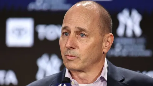 New York Yankees general manager Brian Cashman speaks to the media during a press conference at Yankee Stadium. 
