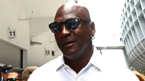 Basketball legend Michael Jordan walks in the Paddock prior to the F1 Grand Prix of Miami at the Miami International Autodrome.
