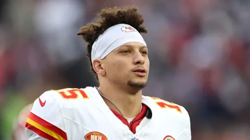 Patrick Mahomes looks on before a game with the Chiefs.