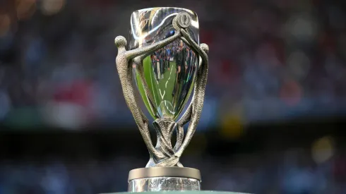 A detailed view of the Finalissima trophy prior to the 2022 Finalissima match between Italy and Argentina
