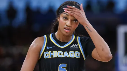 Angel Reese #5 of the Chicago Sky reacts during the game against the Indiana Fever at Wintrust Arena on August 30, 2024 in Chicago, Illinois.