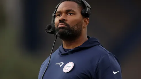 Linebackers coach Jerod Mayo looks on during the game against the Washington Commanders at Gillette Stadium on November 05, 2023 in Foxborough, Massachusetts.