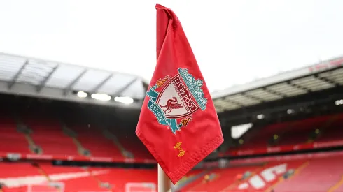 General view inside the stadium, where the corner flag, featuring the clubs logo can be seen prior to the Premier League match between Liverpool FC and Brentford FC at Anfield on August 25, 2024 in Liverpool, England.
