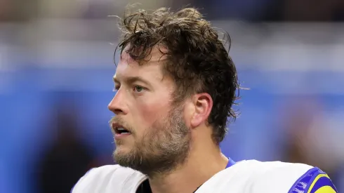 Matthew Stafford #9 of the Los Angeles Rams looks on prior to a game against the Detroit Lions in the NFC Wild Card Playoffs at Ford Field on January 14, 2024 in Detroit, Michigan.
