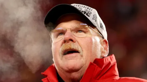 Head coach Andy Reid of the Kansas City Chiefs celebrates after defeating the Cincinnati Bengals 23-20 in the AFC Championship Game at GEHA Field at Arrowhead Stadium on January 29, 2023 in Kansas City, Missouri.
