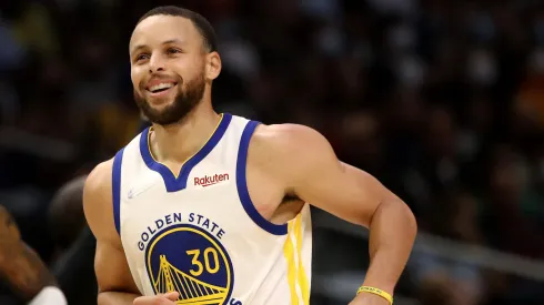 Stephen Curry #30 of the Golden State Warriors reacts after a three point basket
