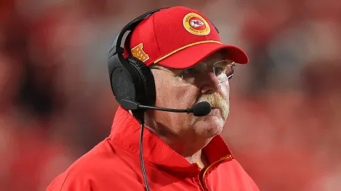 Andy Reid, head coach of the Kansas City Chiefs, talks with line judge Tim Podraza #47 as they play against the Baltimore Ravens during the second quarter at GEHA Field at Arrowhead Stadium on September 05, 2024 in Kansas City, Missouri.
