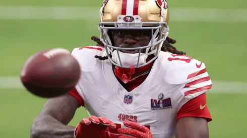 Brandon Aiyuk #11 of the San Francisco 49ers warms up prior to Super Bowl LVIII against the Kansas City Chiefs at Allegiant Stadium on February 11, 2024 in Las Vegas, Nevada.
