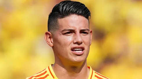 James Rodriguez of Colombia sings the national anthem prior to the South American FIFA World Cup 2026 Qualifier match between Colombia and Argentina