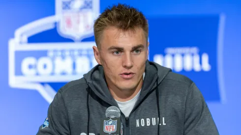 Bo Nix #QB07 of the Oregon Ducks speaks to the media during the 2024 NFL Draft Combine at Lucas Oil Stadium on March 01, 2024 in Indianapolis, Indiana.
