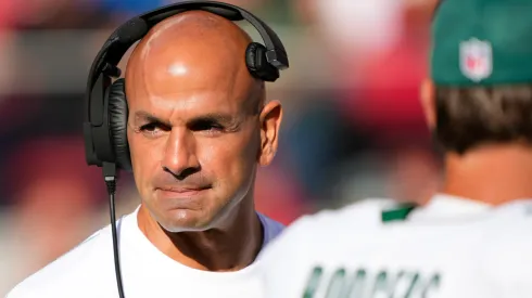 Robert Saleh, head coach of the New York Jets, looks on before playing the San Francisco 49ers at Levi's Stadium on September 09, 2024 in Santa Clara, California.
