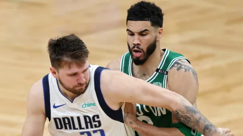 Luka Doncic #77 of the Dallas Mavericks drives past Jayson Tatum #0 of the Boston Celtics during the third quarter of Game Five of the 2024 NBA Finals at TD Garden on June 17, 2024 in Boston, Massachusetts. 
