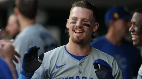 Bobby Witt Jr. #7 of the Kansas City Royals celebrates scoring a run in the third inning against the Cincinnati Reds at Great American Ball Park.