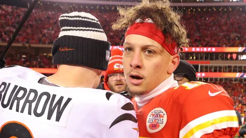 Joe Burrow #9 of the Cincinnati Bengals and Patrick Mahomes #15 of the Kansas City Chiefs meet on the field after the AFC Championship Game at GEHA Field at Arrowhead Stadium on January 29, 2023 in Kansas City, Missouri.