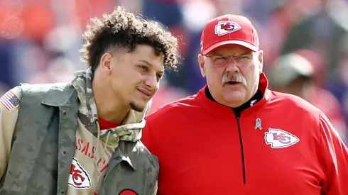 Patrick Mahomes #15 of the Kansas City Chiefs talks with head coach Andy Reid before the game against the Minnesota Vikings at Arrowhead Stadium on November 03, 2019 in Kansas City, Missouri.
