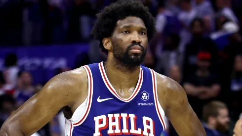 Joel Embiid #21 of the Philadelphia 76ers reacts after his team's 118-115 loss against the New York Knicks in game six of the Eastern Conference First Round Playoffs at the Wells Fargo Center.
