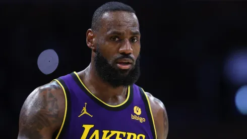 LeBron James #23 of the Los Angeles Lakers looks on during the second half of a game against the Philadelphia 76ers
