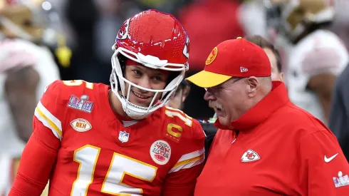 Patrick Mahomes #15 of the Kansas City Chiefs talks with head coach Andy Reid before Super Bowl LVIII against the San Francisco 49ers at Allegiant Stadium on February 11, 2024 in Las Vegas, Nevada.
