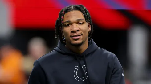 Anthony Richardson #5 of the Indianapolis Colts looks on prior to the game against the Atlanta Falcons at Mercedes-Benz Stadium on December 24, 2023 in Atlanta, Georgia.
