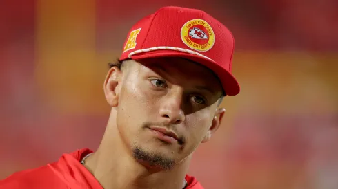 Patrick Mahomes #15 of the Kansas City Chiefs watches preseason game action against the Chicago Bears at GEHA Field at Arrowhead Stadium on August 22, 2024 in Kansas City, Missouri.
