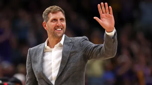  Former NBA player Dirk Nowitzki reacts during the first half between the LSU Lady Tigers and Iowa Hawkeyes
