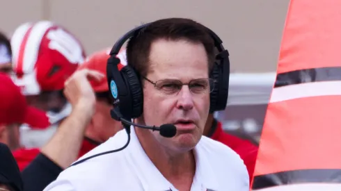 Indiana University Football vs FIU in Bloomington, USA – 31 Aug 2024 Indiana University coach Curt Cignetti coaches during the National Collegiate Athletic Association NCAA football game against Florida International University at Memorial Stadium. Indiana Hoosiers 31-7 Florida International University.
