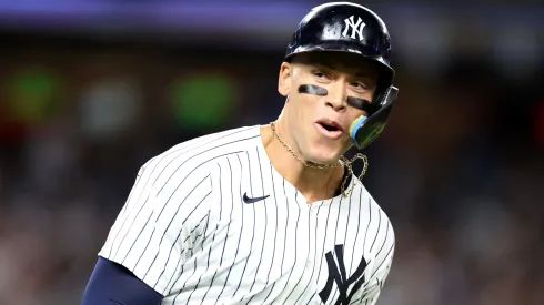 Aaron Judge #99 of the New York Yankees reacts after a grand slam against the Boston Red Sox during the seventh inning at Yankee Stadium on September 13, 2024 in the Bronx borough of New York City. 
