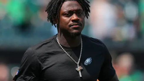 A.J. Brown #11 of the Philadelphia Eagles looks on prior to the preseason game against the Minnesota Vikings at Lincoln Financial Field on August 24, 2024 in Philadelphia, Pennsylvania. 
