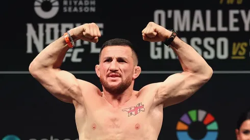 Merab Dvalishvili poses during a ceremonial weigh-in at Sphere on September 13, 2024 in Las Vegas, Nevada. Dvalishvili is scheduled to challenge UFC bantamweight champion Sean O'Malley for his title at UFC 306 on September 14 at Sphere. 
