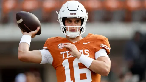 Arch Manning #16 of the Texas Longhorns warms up before the game against the UTSA Roadrunners at Darrell K Royal-Texas Memorial Stadium on September 14, 2024 in Austin, Texas.