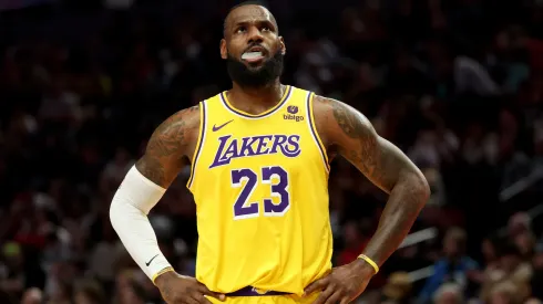 LeBron James #23 of the Los Angeles Lakers looks on during the first quarter against the Portland Trail Blazers