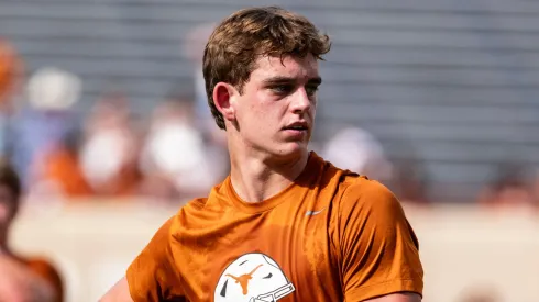 Arch Manning 16 of the Texas Longhorns during pregame warmups before the game vs the UTSA Roadrunners at DKR-Memorial Stadium.
