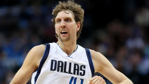 Dirk Nowitzki #41 of the Dallas Mavericks reacts against the Houston Rockets
