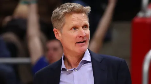 Head coach Steve Kerr of the Golden State Warriors looks on while playing the Detroit Pistons