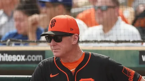 Manager Bob Melvin of the San Francisco Giants looks on during the fift inning of the MLB spring game against the Los Angeles Dodgers at Camelback Ranch on March 12, 2024 in Glendale, Arizona. 
