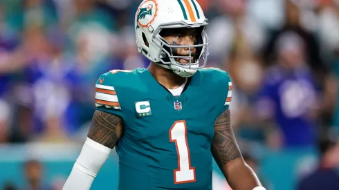 Tua Tagovailoa #1 of the Miami Dolphins reacts against the Buffalo Bills during the third quarter in the game at Hard Rock Stadium on September 12, 2024 in Miami Gardens, Florida.
