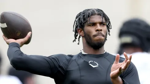 Quarterback Shedeur Sanders #2 of the Colorado Buffaloes warms up prior to their spring game at Folsom Field on April 22, 2023 in Boulder, Colorado.
