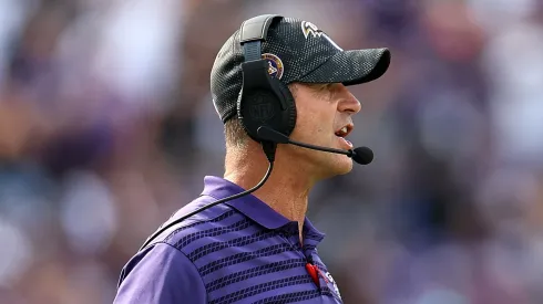 Baltimore Ravens head coach John Harbaugh reacts to a call during the fourth quarter against the Las Vegas Raiders at M&T Bank Stadium on September 15, 2024 in Baltimore, Maryland.
