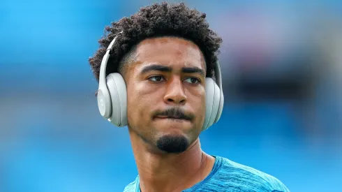 Bryce Young 9 of the Carolina Panthers warms up before a football game against the Los Angeles Chargers at Bank of America Stadium on September 15, 2024 in Charlotte, North Carolina.
