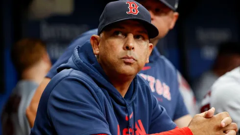 Boston Red Sox manager Alex Cora (13) looks on from the dugout in the ninth inning against the Tampa Bay Rays at Tropicana Field in St. Petersburg.
