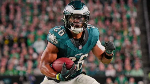 Philadelphia Eagles running back Saquon Barkley (26) rushes for a first down during the game between the Philadelphia Eagles and the Atlanta Falcons on September 15, 2024 at Lincoln Financial Field in Philadelphia, PA.
