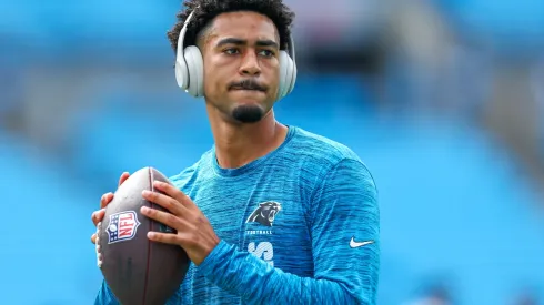 Bryce Young 9 of the Carolina Panthers warms up before a football game against the Los Angeles Chargers at Bank of America Stadium on September 15, 2024 in Charlotte, North Carolina.
