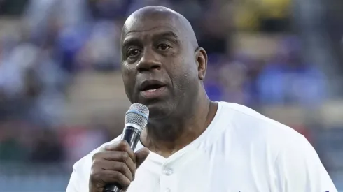 Magic Johnson speaks prior to the game between the Washington Nationals and the Los Angeles Dodgers at Dodger Stadium.