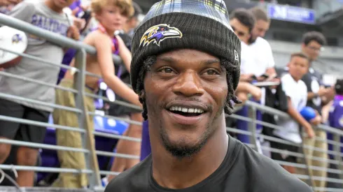 Baltimore Ravens quarterback Lamar Jackson (8) runs off the field after a selfie prior to the Philadelphia Eagles pre season game versus the Baltimore Ravens on August 9, 2024 at M&T Bank Stadium in Baltimore, MD.
