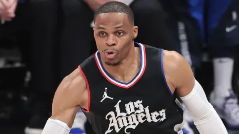 LA Clippers guard Russell Westbrook (0) passes the basketball during game 2 of the first round of the Western Conference playoffs between the Dallas Mavericks and the LA Clippers on April 23, 2024.
