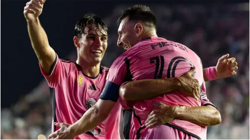 Inter Miami forward Lionel Messi (10) celebrates with teammates
