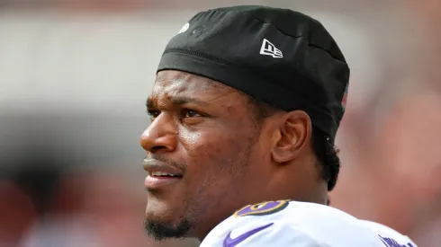 Baltimore Ravens quarterback Lamar Jackson (8) looks at the scoreboard during the game against the Baltimore Ravens and the Cincinnati Bengals on September 17, 2023, at Paycor Stadium in Cincinnati, OH.